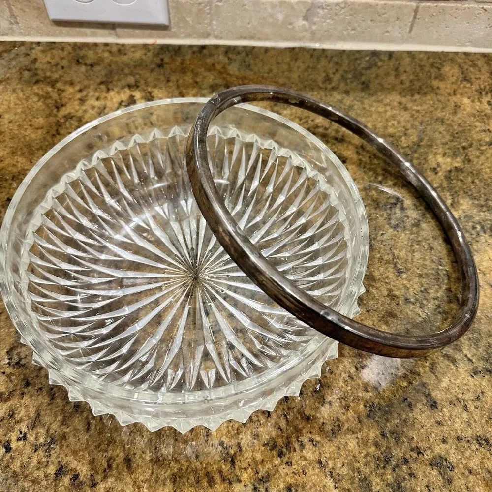 Vintage Crystal Candy Dish 8 Inch Fruit Bowl‎ Silverplate Rim Radiating MCM
